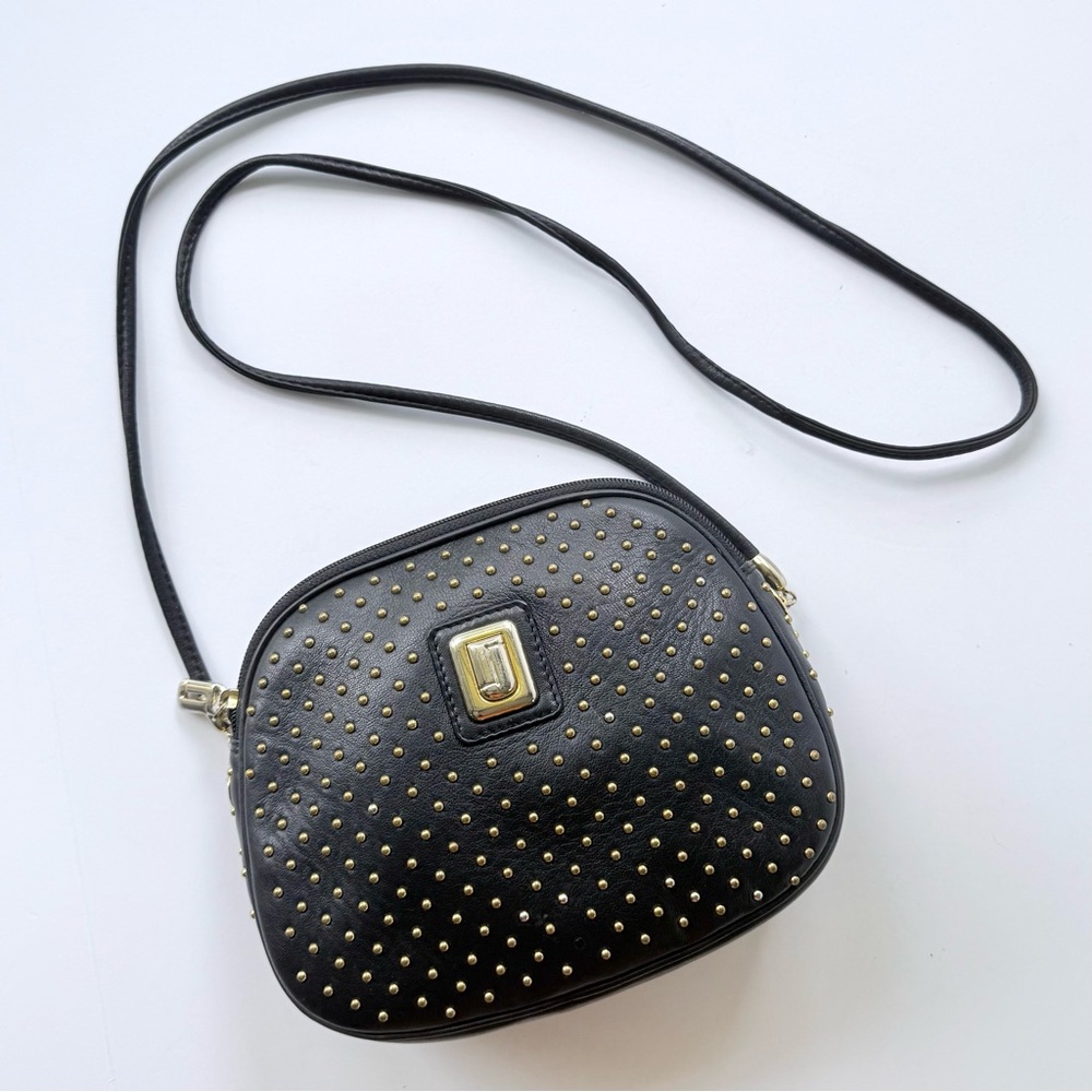 Vintage Judith Leiber Black Leather Gold Studded Red Lined Crossbody Bag Spain